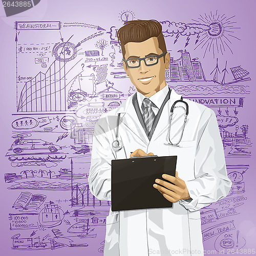 Image of Vector Hipster Doctor Man With Clipboard
