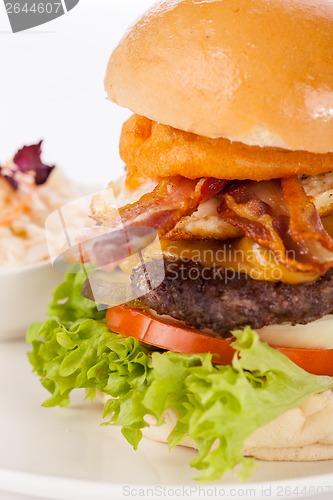 Image of Delicious egg and bacon cheeseburger