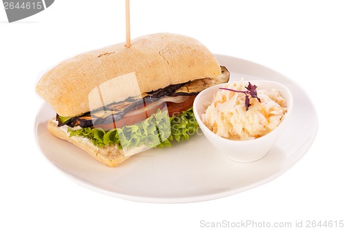 Image of delicious vegan vegetarian burger with grilled eggplant