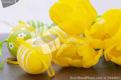 Image of Colourful yellow and green spring Easter Eggs