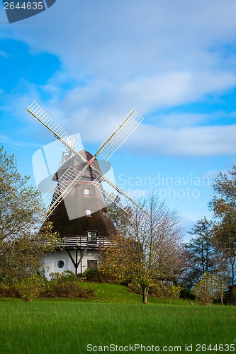 Image of Traditional wooden windmill in a lush garden