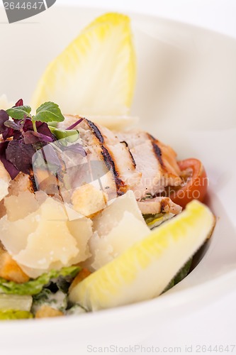 Image of tasty fresh caesar salad with grilled chicken and parmesan 