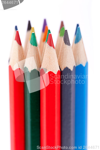 Image of Bunch of colourful pencil crayons on white