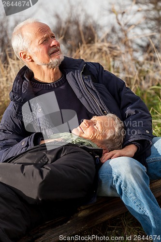 Image of happy senior couple relaxing together in the sunshine