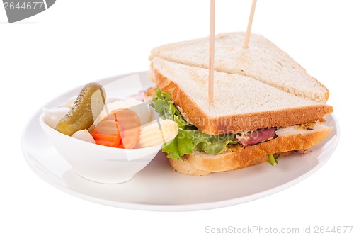 Image of Delicious pastrami club sandwich and pickles