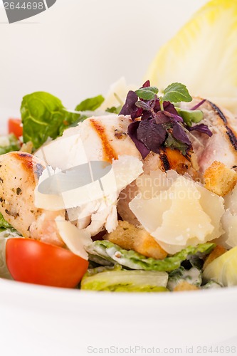 Image of tasty fresh caesar salad with grilled chicken and parmesan 