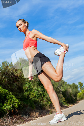 Image of young attractive athletic woman stretching fitness
