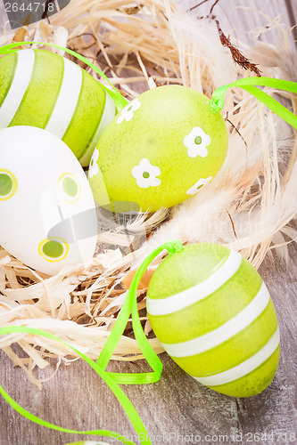 Image of Colourful green Easter eggs in straw