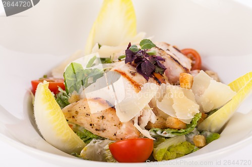 Image of tasty fresh caesar salad with grilled chicken and parmesan 