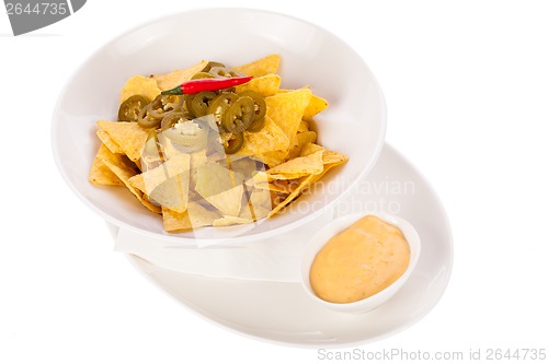 Image of Nachos with cheese sauce and chilli pepperoni