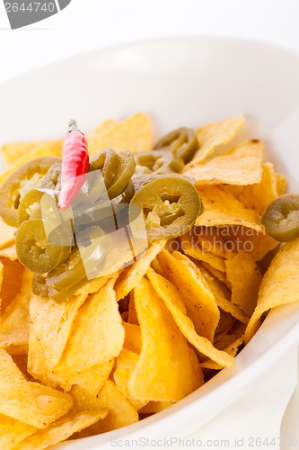 Image of Nachos with cheese sauce and chilli pepperoni