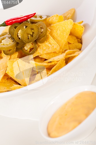 Image of Nachos with cheese sauce and chilli pepperoni