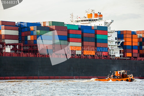 Image of Fully laden container ship in port