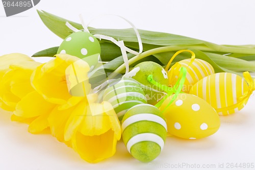 Image of Colourful yellow and green spring Easter Eggs