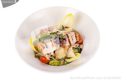 Image of tasty fresh caesar salad with grilled chicken and parmesan 