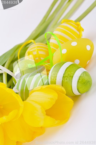 Image of Colourful yellow and green spring Easter Eggs