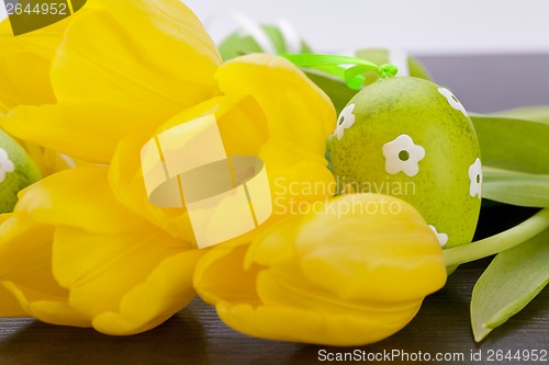 Image of Colourful yellow and green spring Easter Eggs