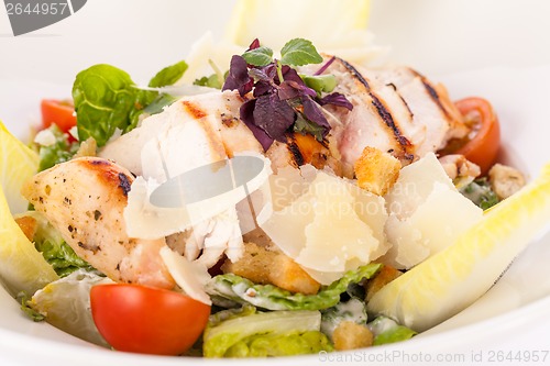 Image of tasty fresh caesar salad with grilled chicken and parmesan 