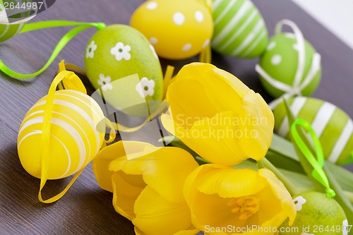 Image of Colourful yellow and green spring Easter Eggs
