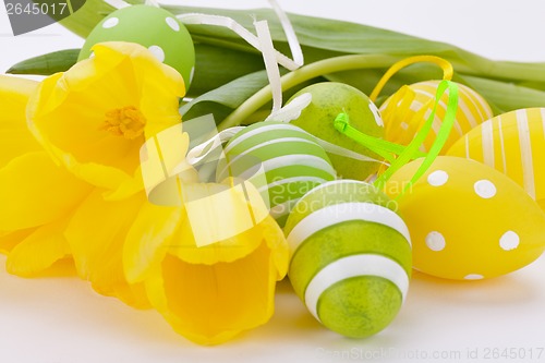 Image of Colourful yellow and green spring Easter Eggs