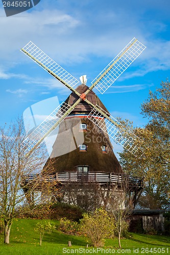 Image of Traditional wooden windmill in a lush garden