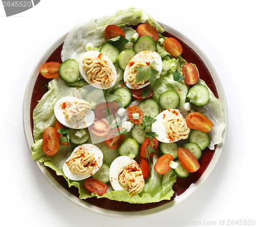 Image of Deviled egg salad from above over white