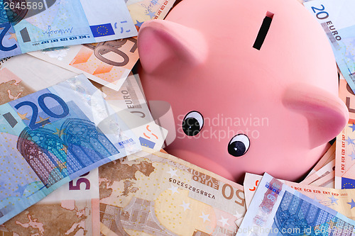 Image of Unique pink ceramic piggy bank drowning in money