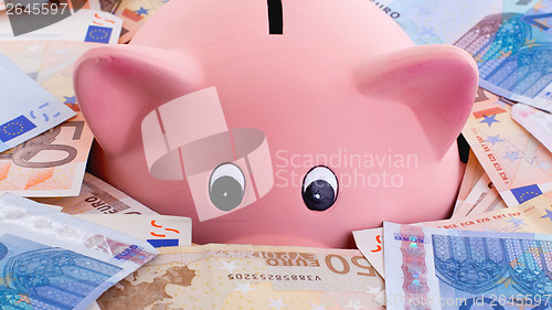 Image of Unique pink ceramic piggy bank drowning in money