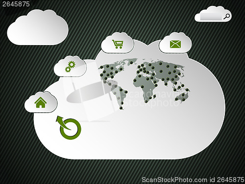Image of Cloud networking inspired website design with world map