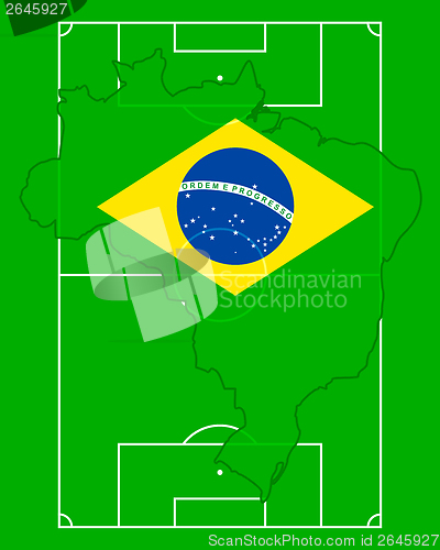 Image of Soccer field with map and flag of Brazil