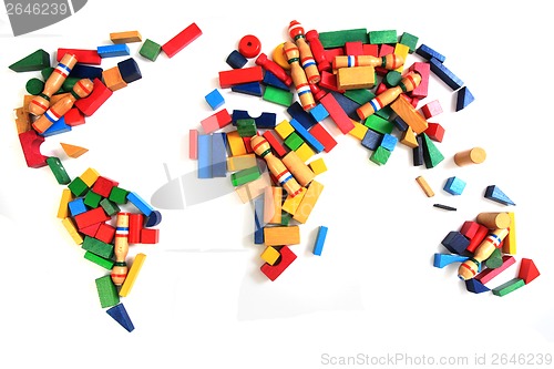 Image of world map from wooden color bricks
