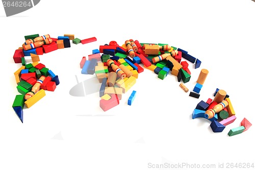 Image of world map from wooden color bricks