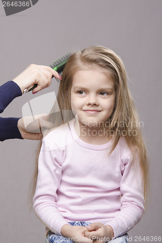 Image of Hairdresser brushing her long hair girls