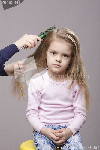 Image of Hairdresser brushing her long hair girls