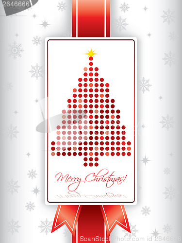Image of Christmas greeting card with ribbon and christmas tree