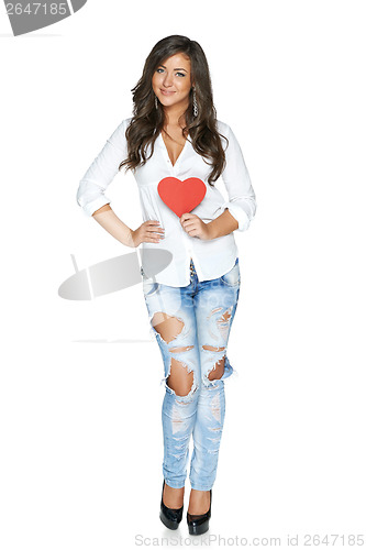 Image of Attractive smiling woman with heart