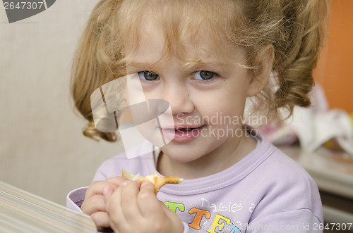 Image of little girl with enthusiasm and eats roll pleasure