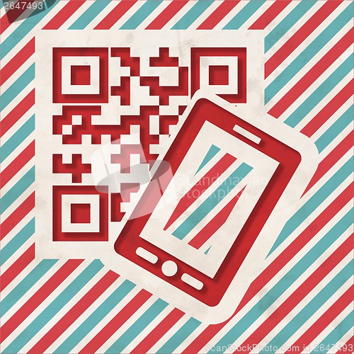 Image of QR Code with Smartphone on Striped Background.