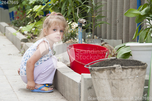 Image of girl standing in the garden with a red bucke