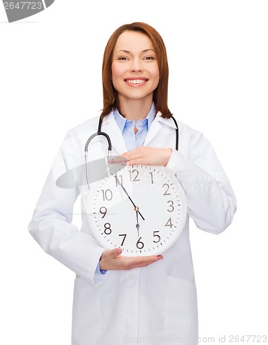 Image of smiling female doctor with wall clock