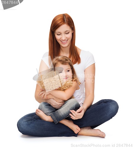 Image of happy mother with adorable girl and teddy bear