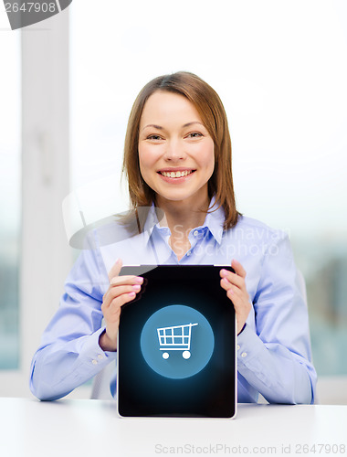 Image of smiling businesswoman with tablet pc computer