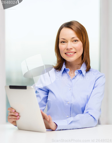 Image of smiling businesswoman or student with tablet pc