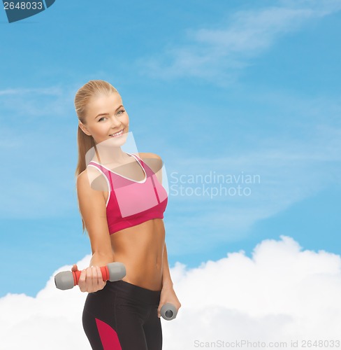 Image of young sporty woman with light dumbbells