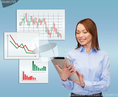 Image of smiling woman looking at tablet pc