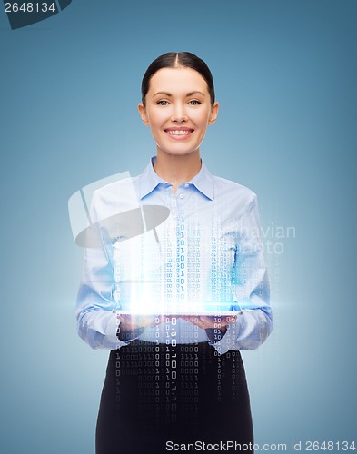 Image of smiling businesswoman with blank tablet screen