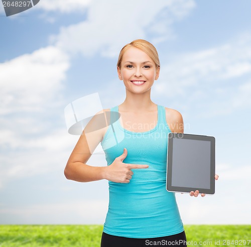 Image of sporty woman with tablet pc blank screen