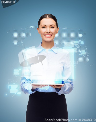 Image of businesswoman with tablet pc and world hologram