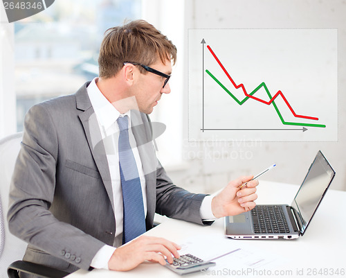 Image of businessman with computer, papers and calculator