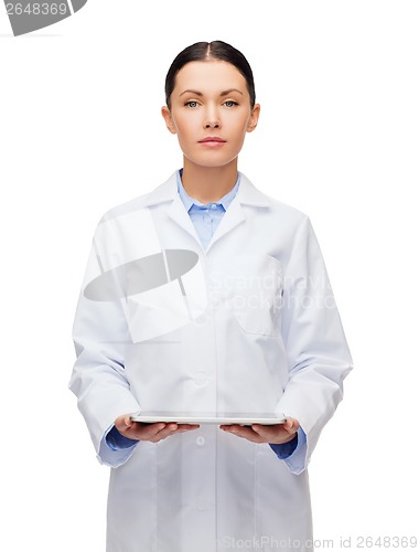 Image of female doctor without stethoscope and tablet pc